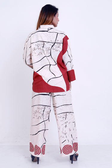 Women Off-White & Red Abstract Printed Shirt with Palazzo Co-ord Set