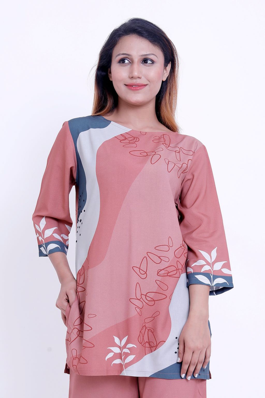 Women Peach Abstract Printed Kurti with Palazzo Co-ord Set