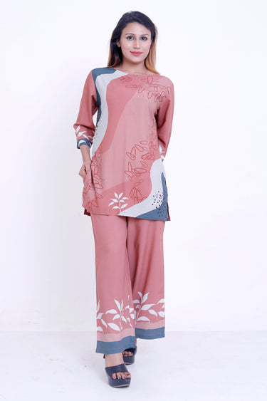 Women Peach Abstract Printed Kurti with Palazzo Co-ord Set