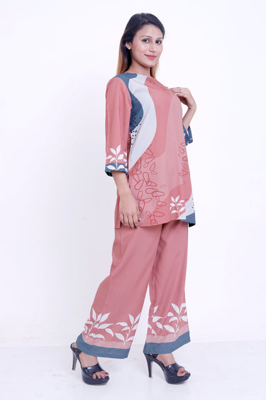 Women Peach Abstract Printed Kurti with Palazzo Co-ord Set