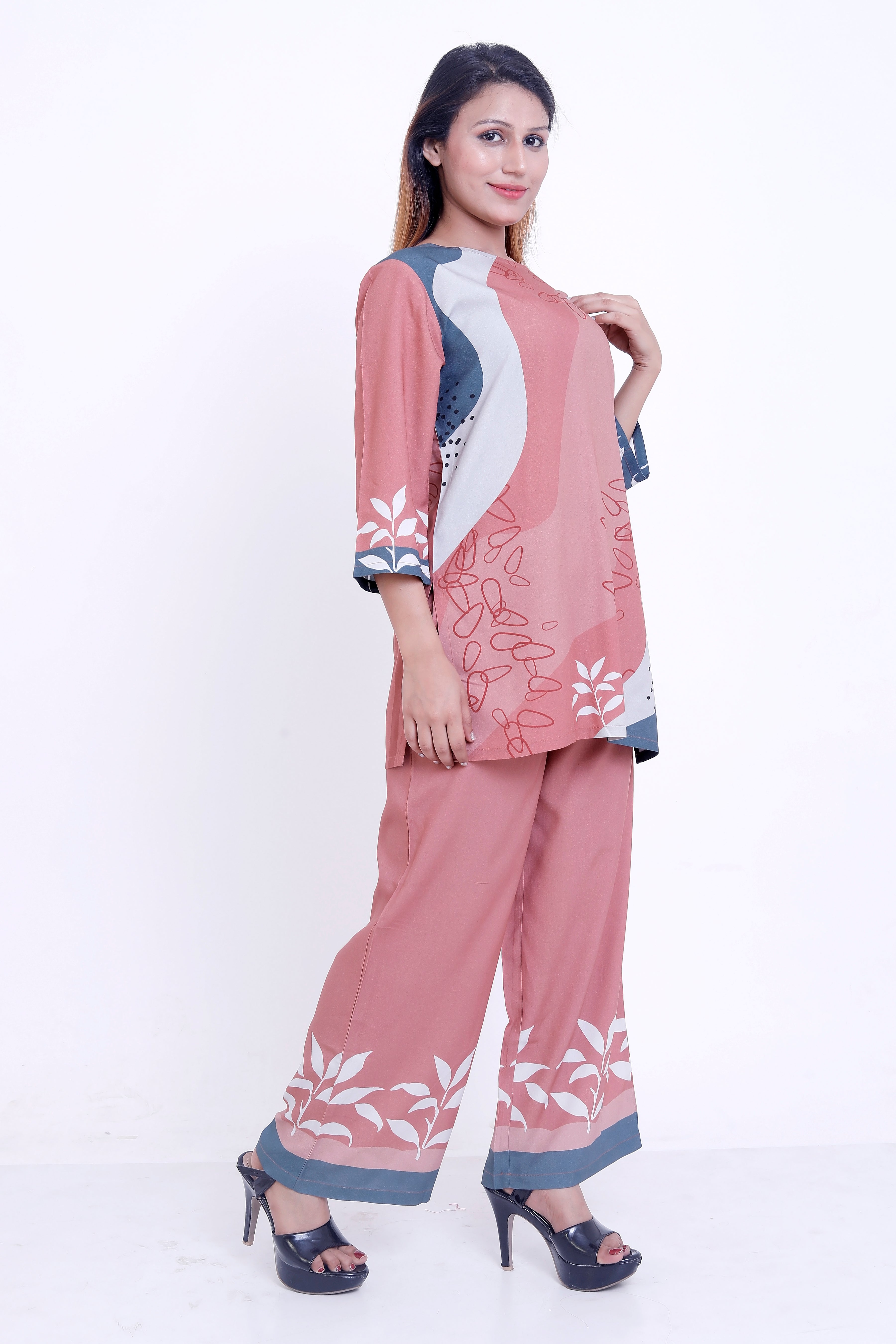Women Peach Abstract Printed Kurti with Palazzo Co-ord Set