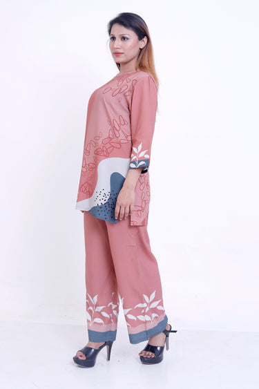 Women Peach Abstract Printed Kurti with Palazzo Co-ord Set