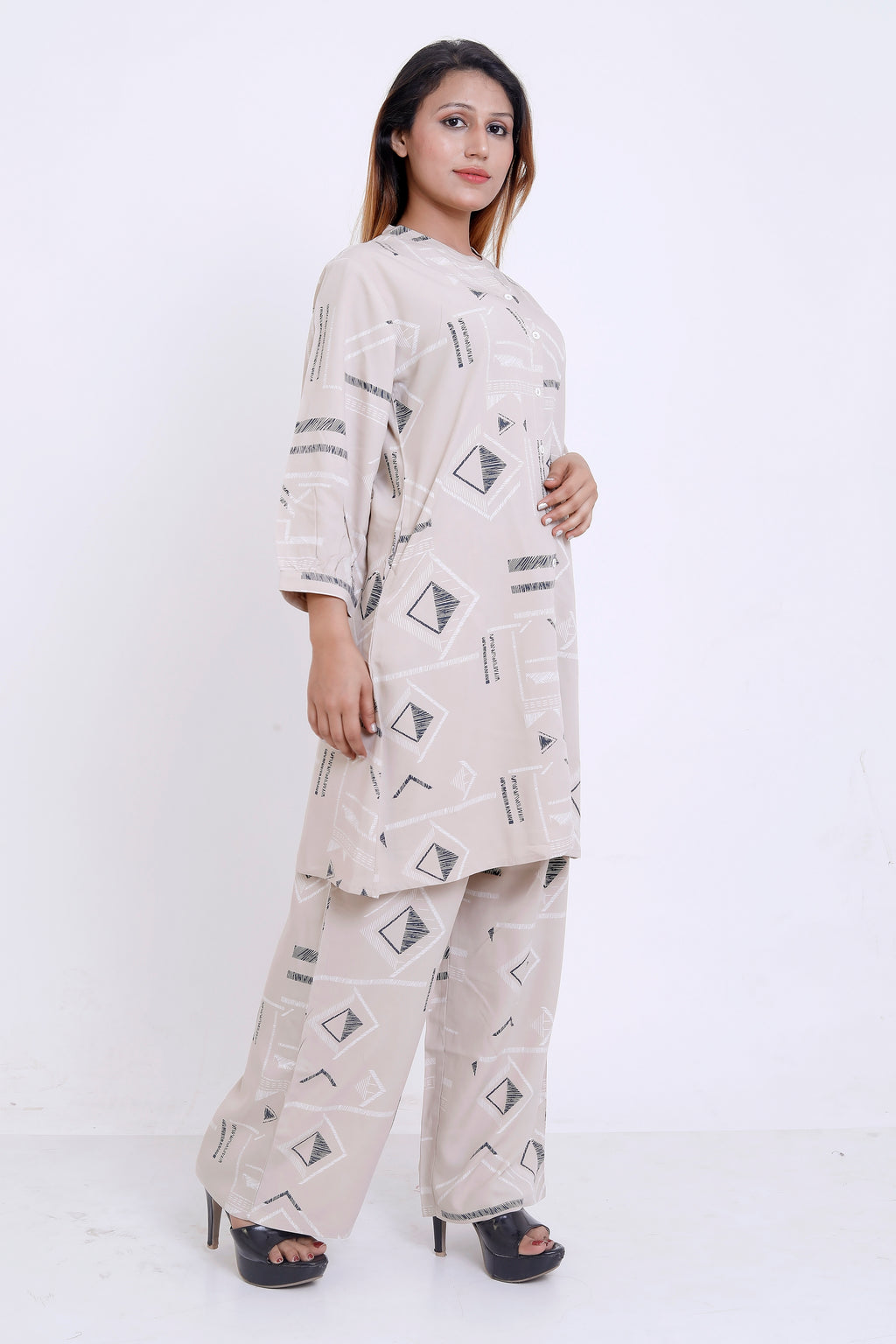 Women Beige Geometric Printed Kurti with Palazzo Co-ord Set