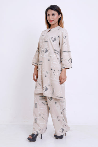 Women Beige Geometric Printed Kurti with Palazzo Co-ord Set