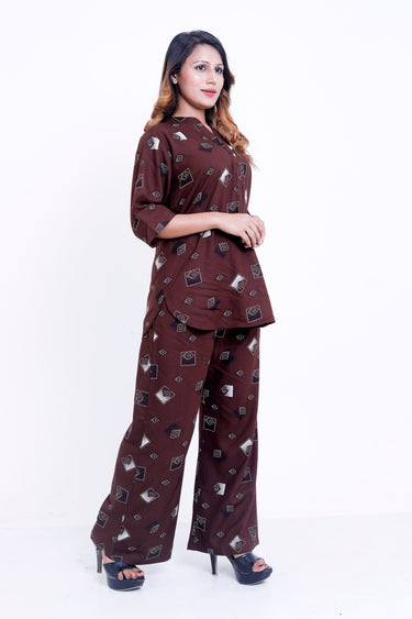 Women Brown Geometric Printed Kurti with Palazzo Co-ord Set