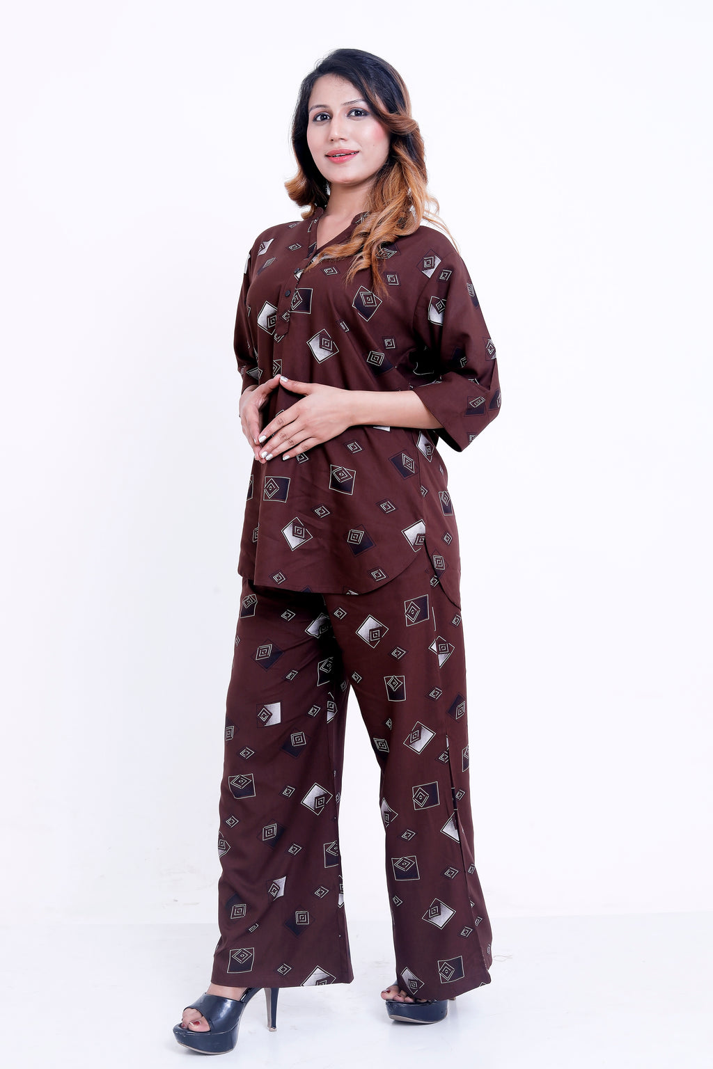 Women Brown Geometric Printed Kurti with Palazzo Co-ord Set