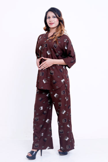 Women Brown Geometric Printed Kurti with Palazzo Co-ord Set