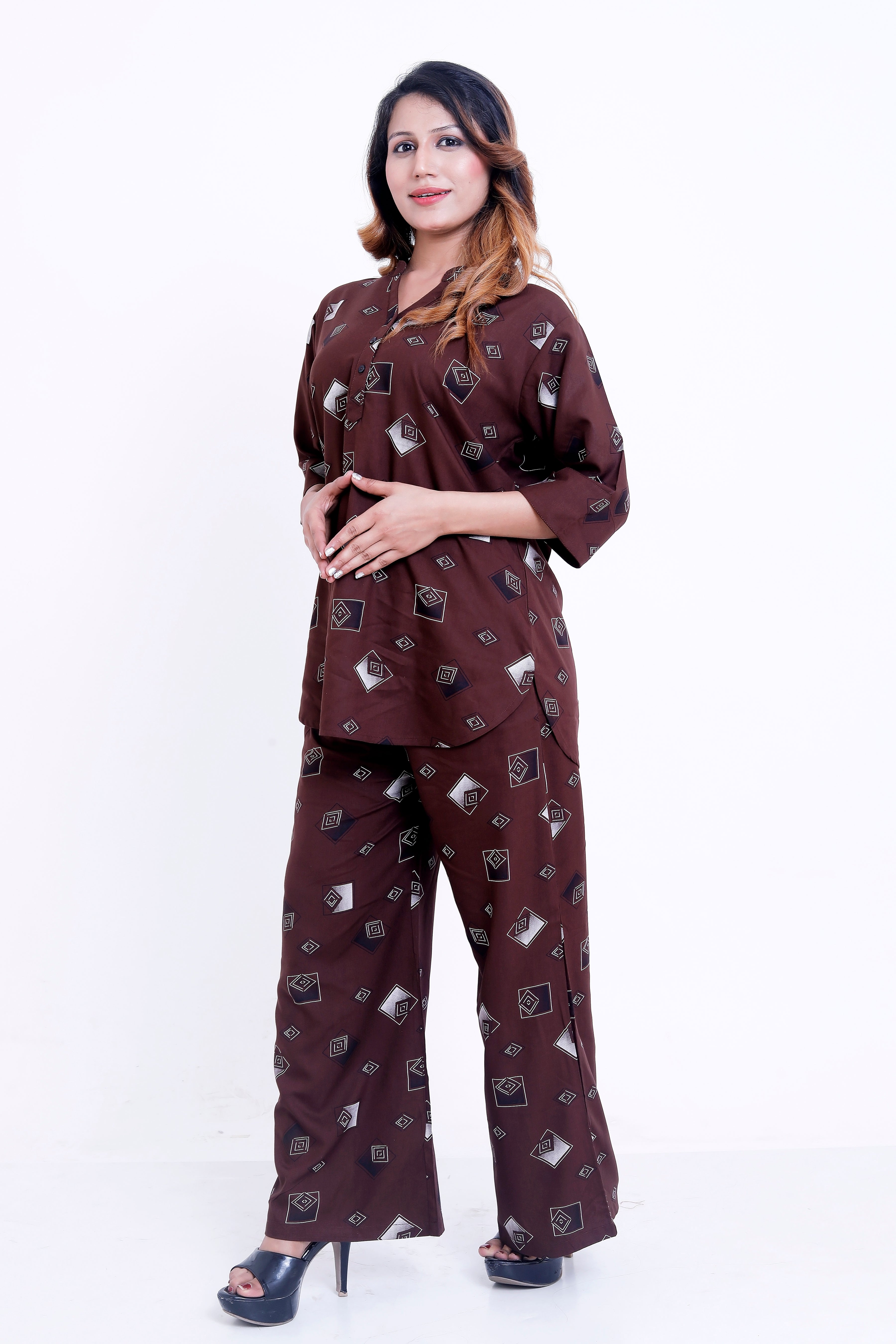 Women Brown Geometric Printed Kurti with Palazzo Co-ord Set
