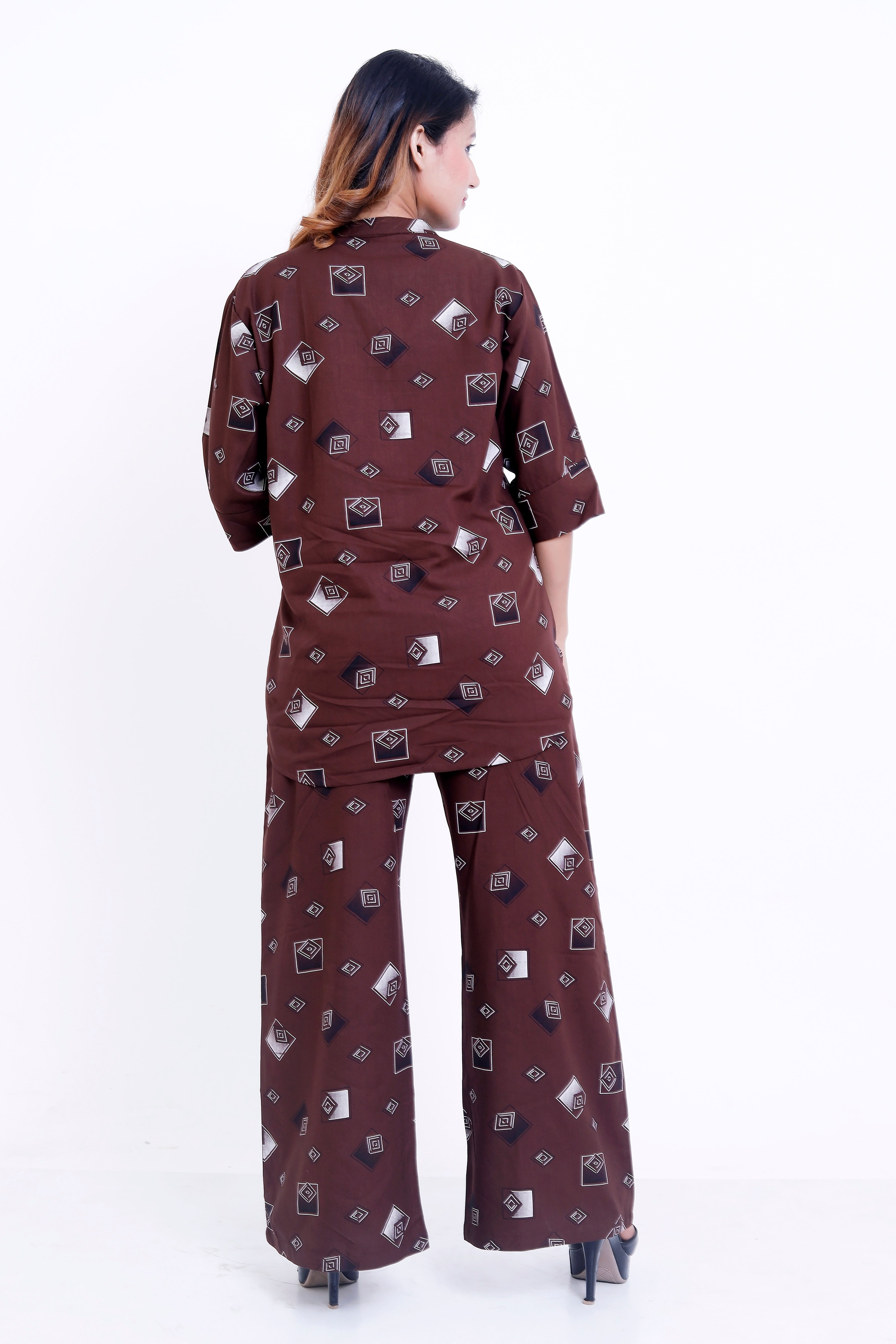 Women Brown Geometric Printed Kurti with Palazzo Co-ord Set