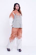Women Rust & White Abstract Stripe Printed Shirt with Palazzo Co-ord Set