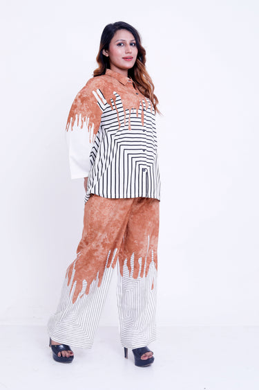 Women Rust & White Abstract Stripe Printed Shirt with Palazzo Co-ord Set