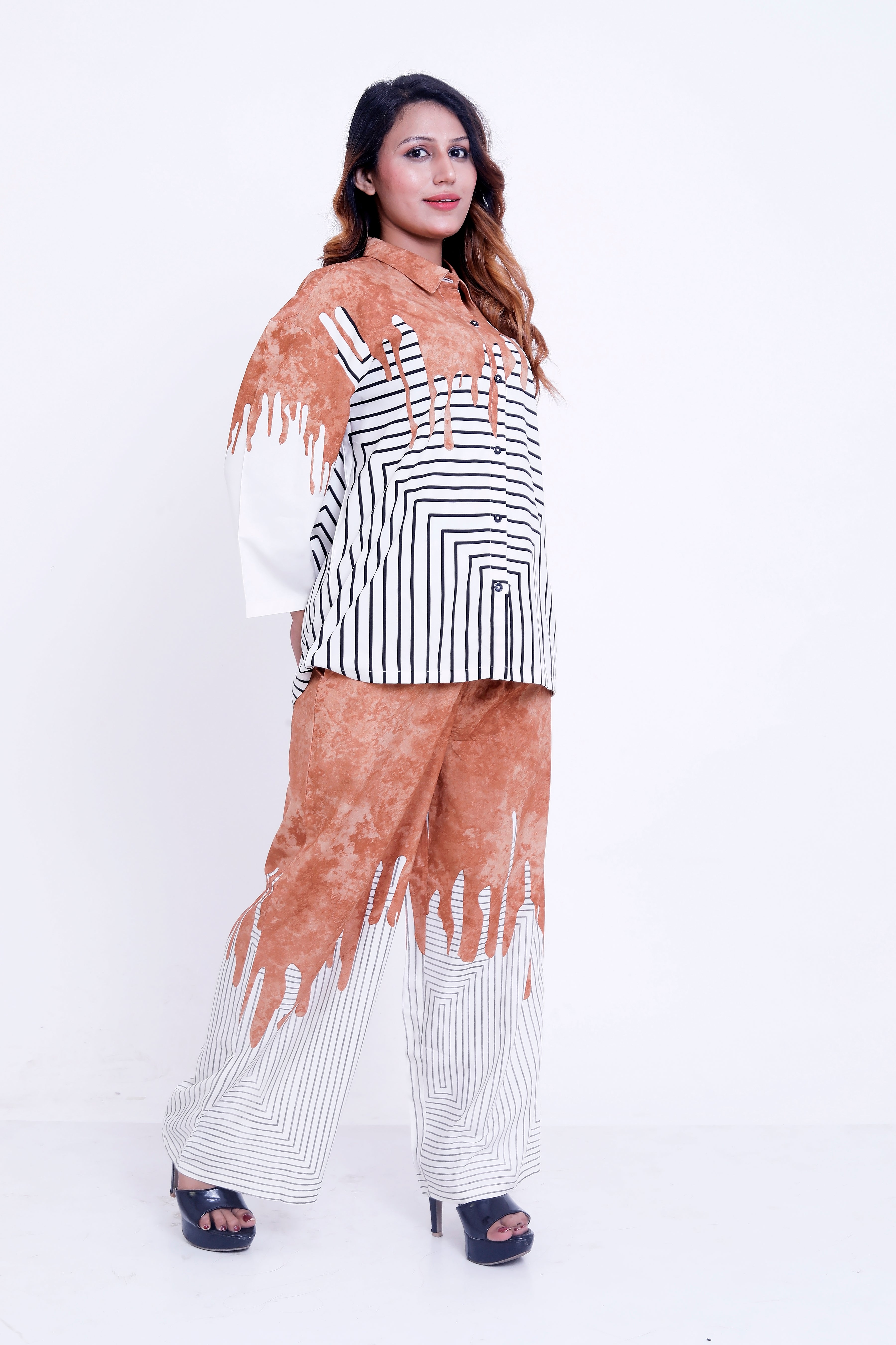 Women Rust & White Abstract Stripe Printed Shirt with Palazzo Co-ord Set