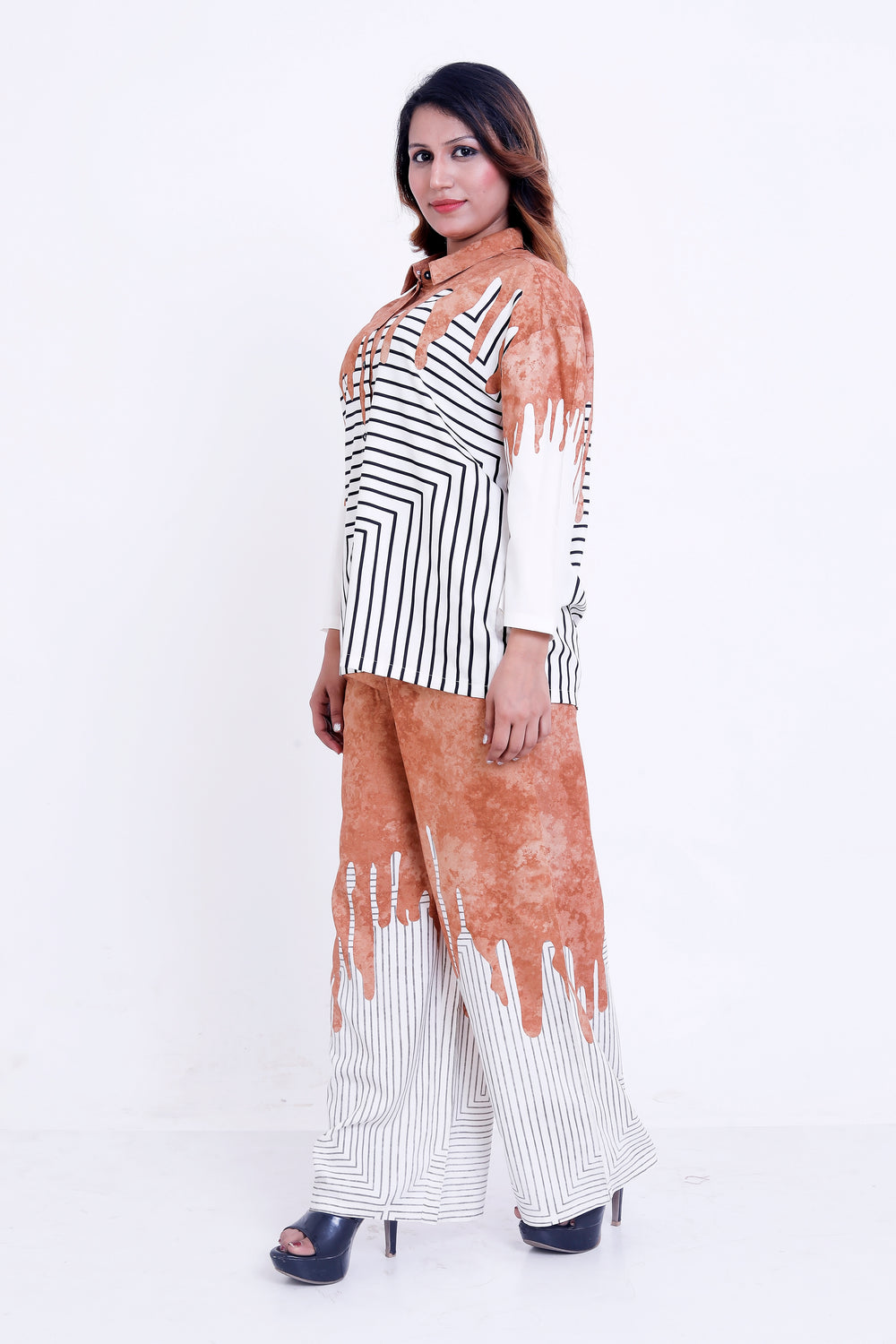 Women Rust & White Abstract Stripe Printed Shirt with Palazzo Co-ord Set