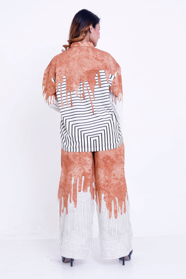 Women Rust & White Abstract Stripe Printed Shirt with Palazzo Co-ord Set