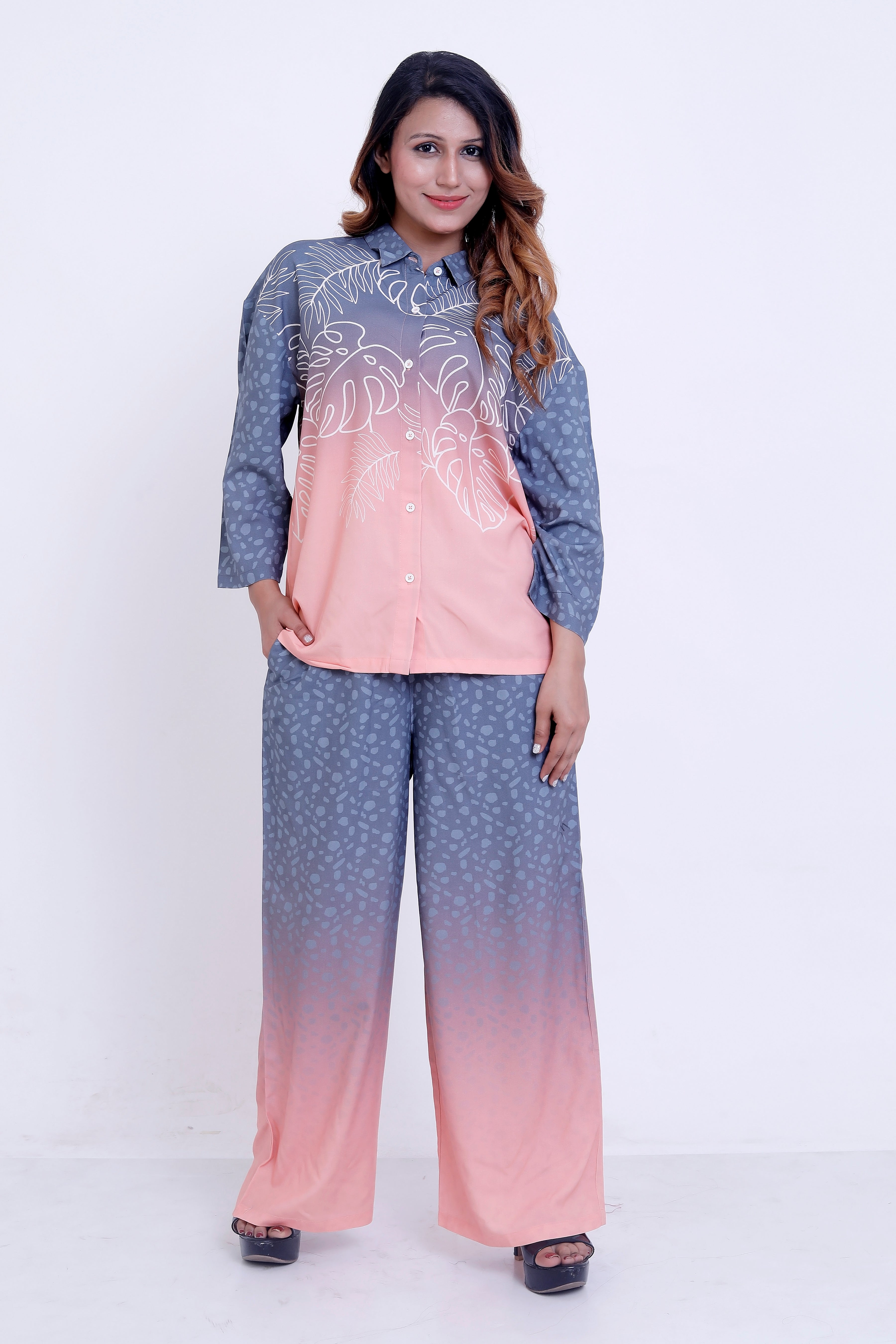 Women Grey & Peach Ombre Printed Shirt with Palazzo Co-ord Set