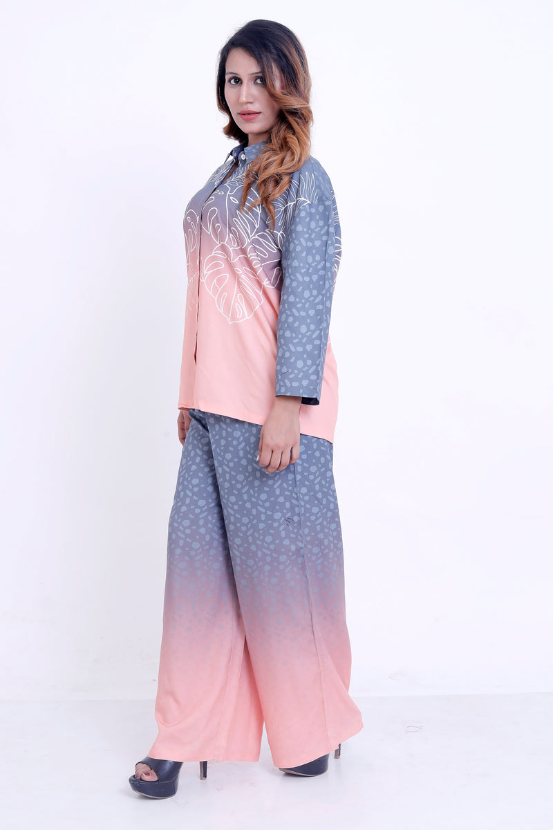 Women Grey & Peach Ombre Printed Shirt with Palazzo Co-ord Set