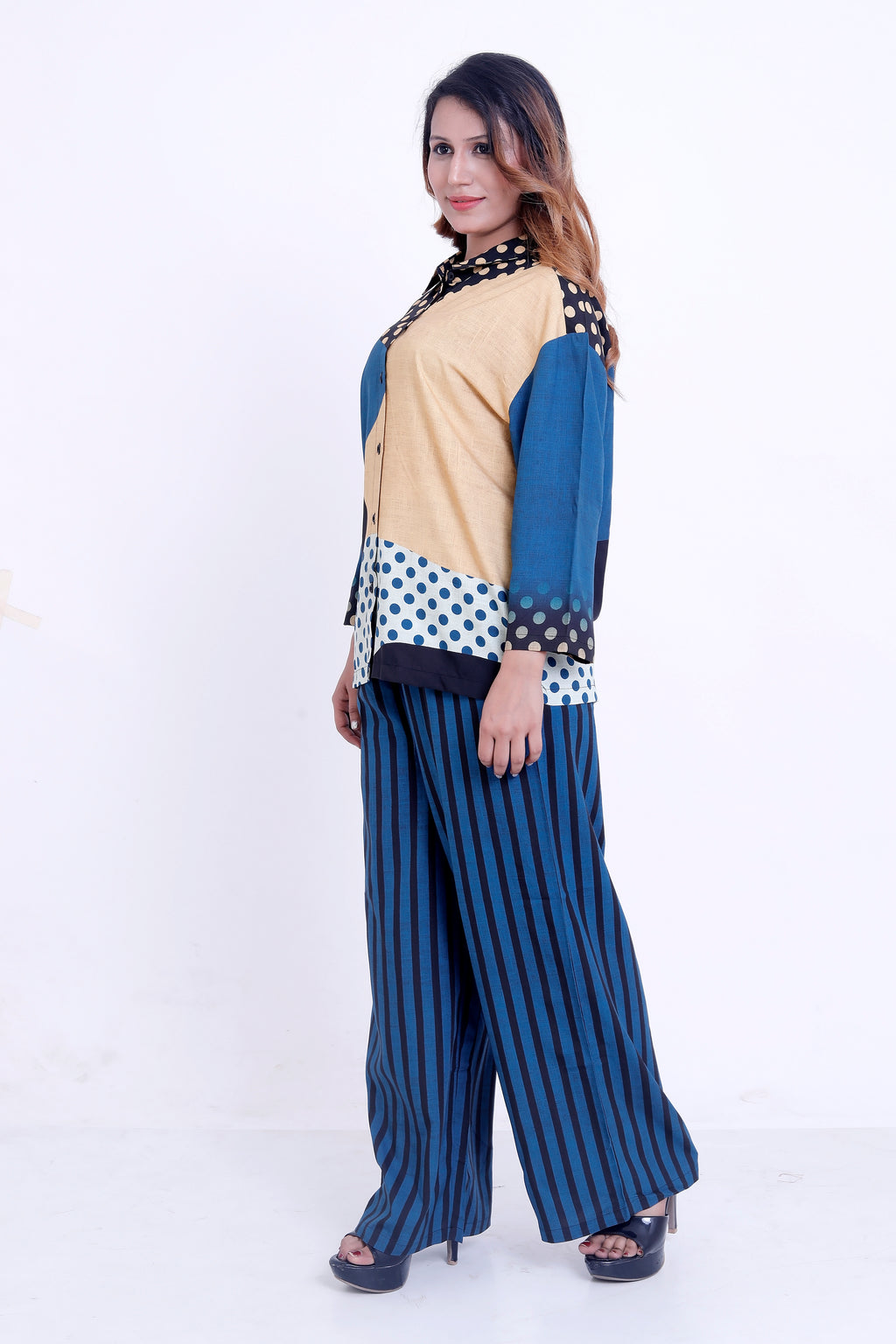 Women Blue Multi-Print Shirt with Striped Palazzo Co-ord Set