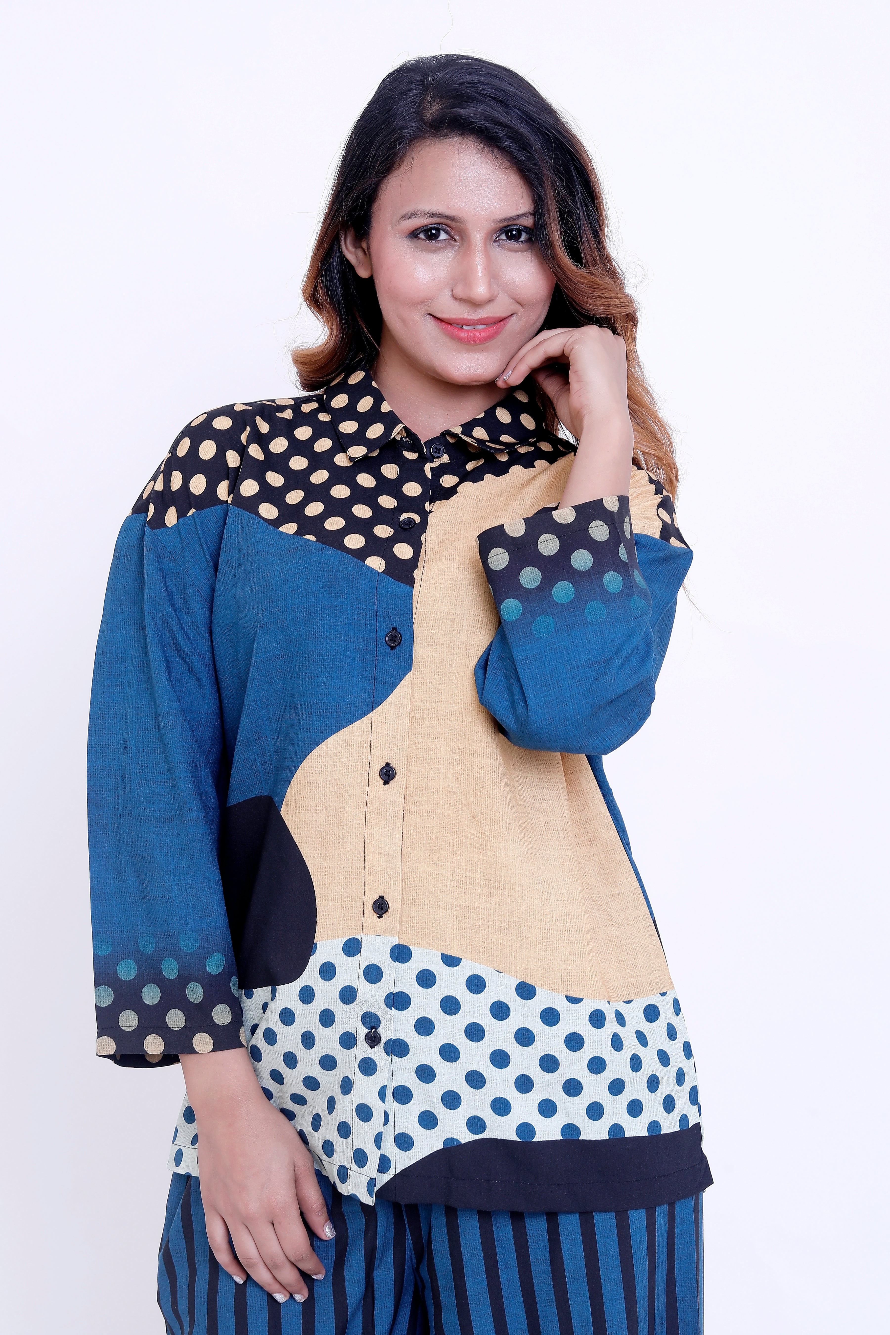 Women Blue Multi-Print Shirt with Striped Palazzo Co-ord Set