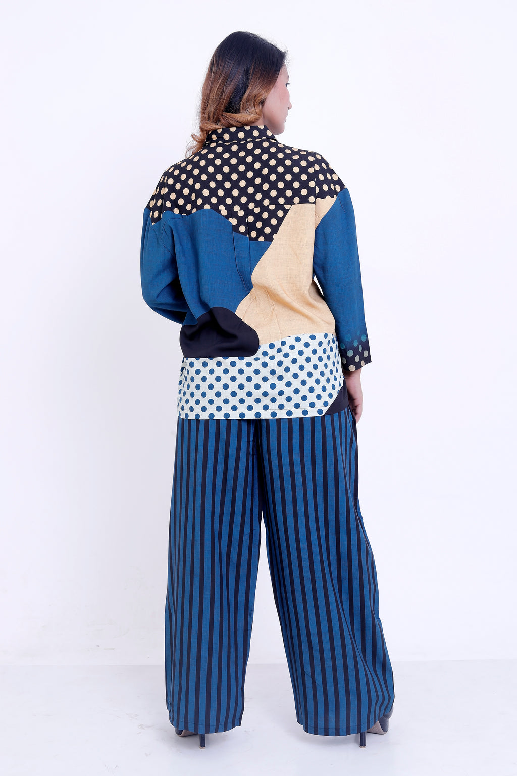 Women Blue Multi-Print Shirt with Striped Palazzo Co-ord Set