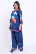 Women Navy Blue Floral Printed Kurti with Striped Palazzo Co-ord Set