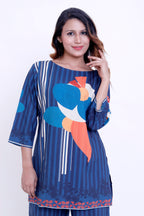 Women Navy Blue Floral Printed Kurti with Striped Palazzo Co-ord Set