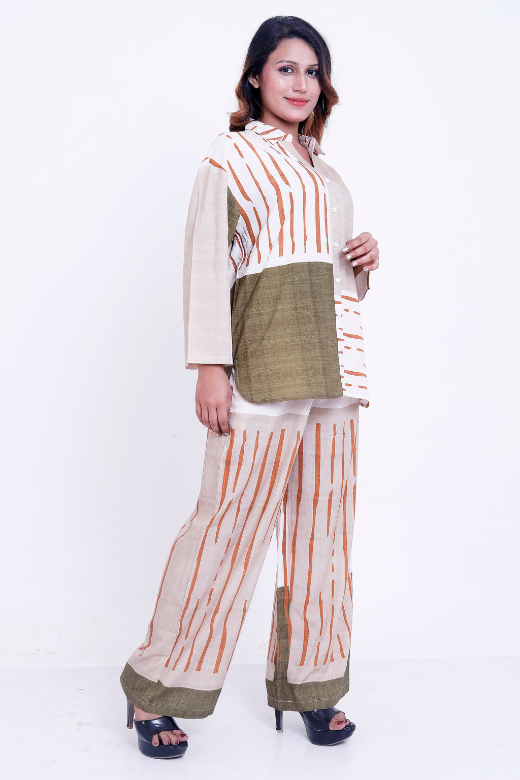Women Beige & Olive Abstract Stripe Printed Shirt with Palazzo Co-ord Set