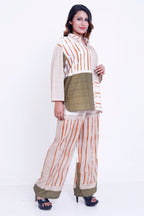Women Beige & Olive Abstract Stripe Printed Shirt with Palazzo Co-ord Set