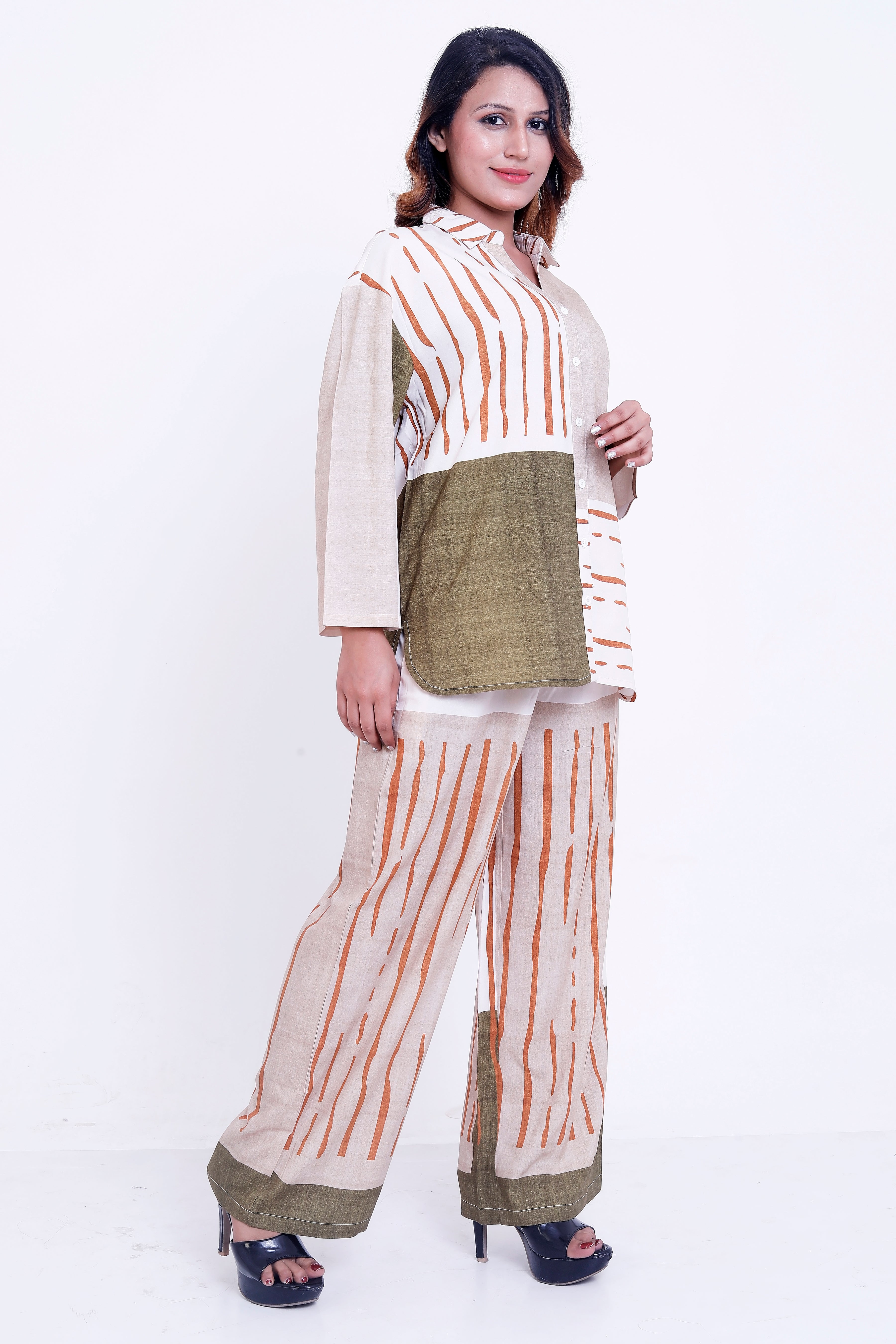 Women Beige & Olive Abstract Stripe Printed Shirt with Palazzo Co-ord Set