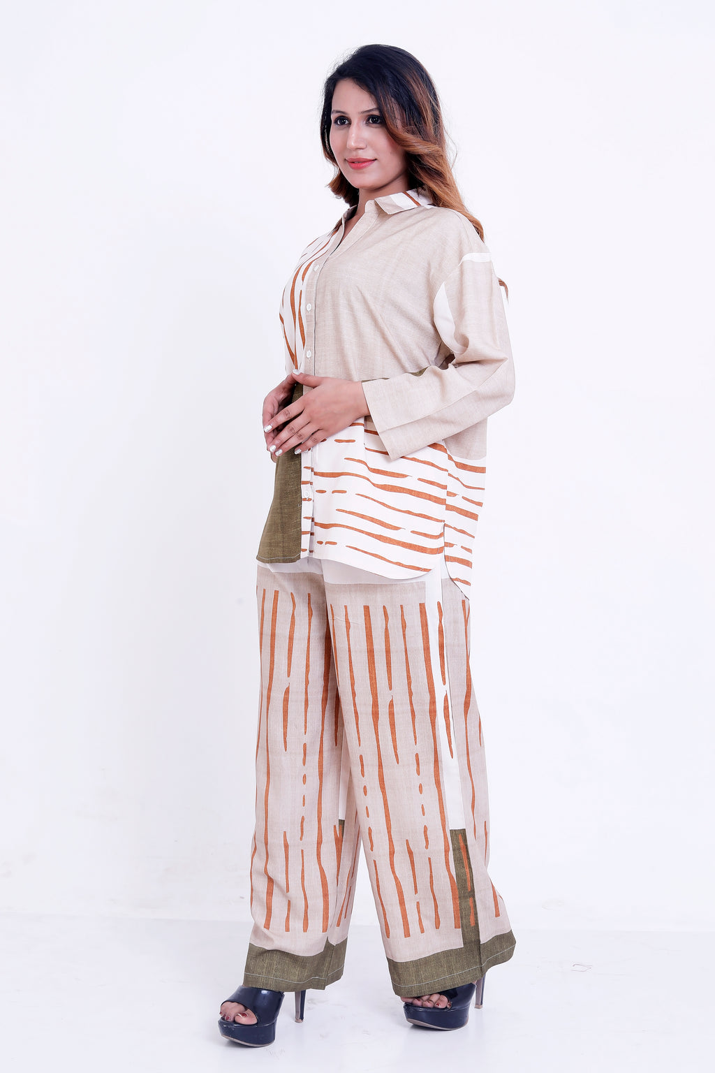 Women Beige & Olive Abstract Stripe Printed Shirt with Palazzo Co-ord Set