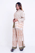 Women Beige & Olive Abstract Stripe Printed Shirt with Palazzo Co-ord Set