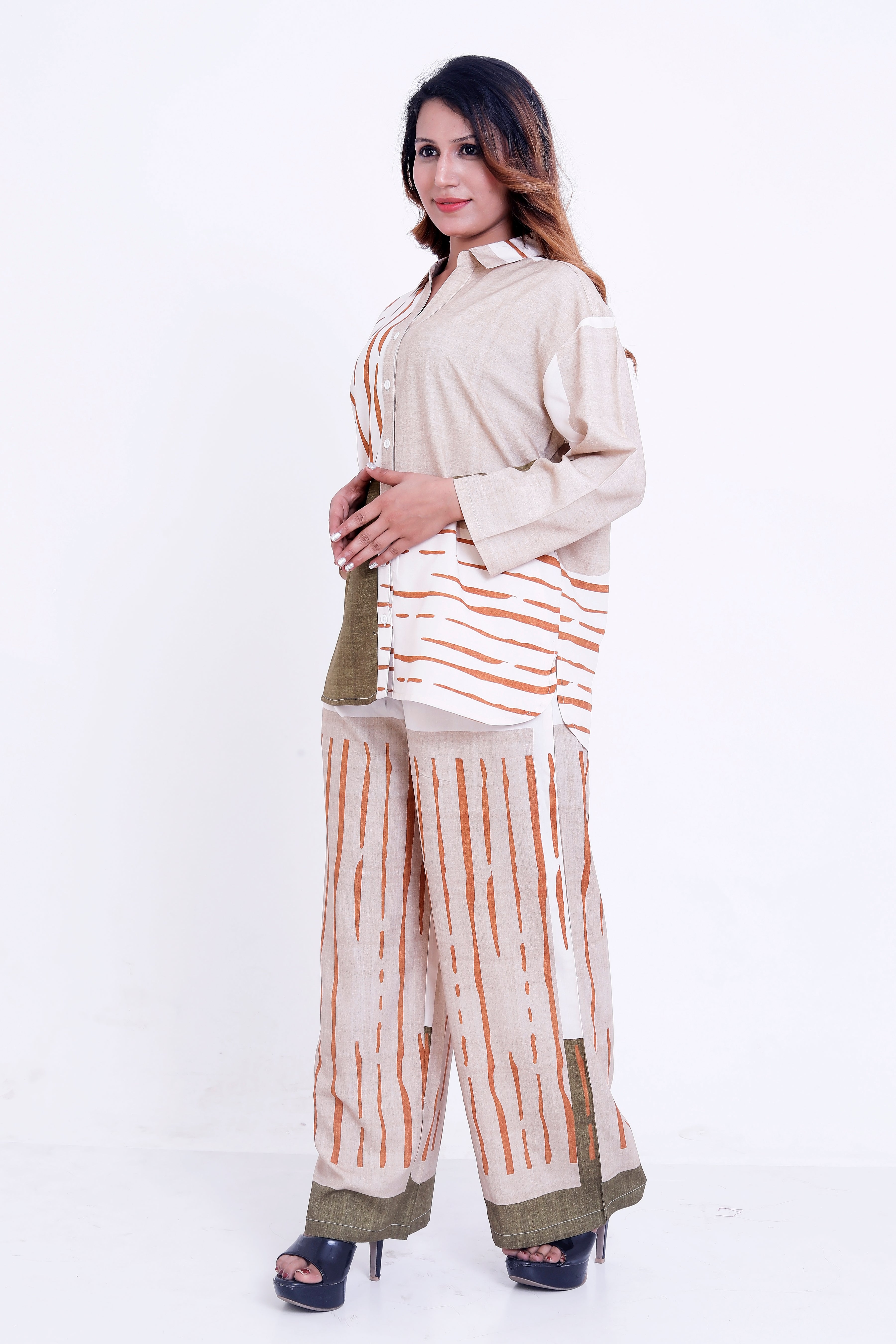 Women Beige & Olive Abstract Stripe Printed Shirt with Palazzo Co-ord Set