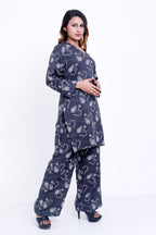 Women Charcoal Grey Floral Printed Kurti with Palazzo Co-ord Set