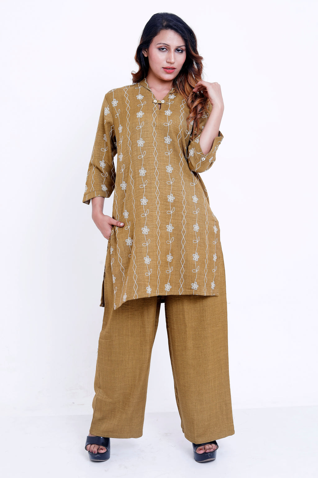 Women Mustard Embroidered Kurti with Solid Palazzo Co-ord Set