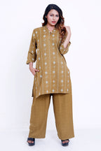 Women Mustard Embroidered Kurti with Solid Palazzo Co-ord Set