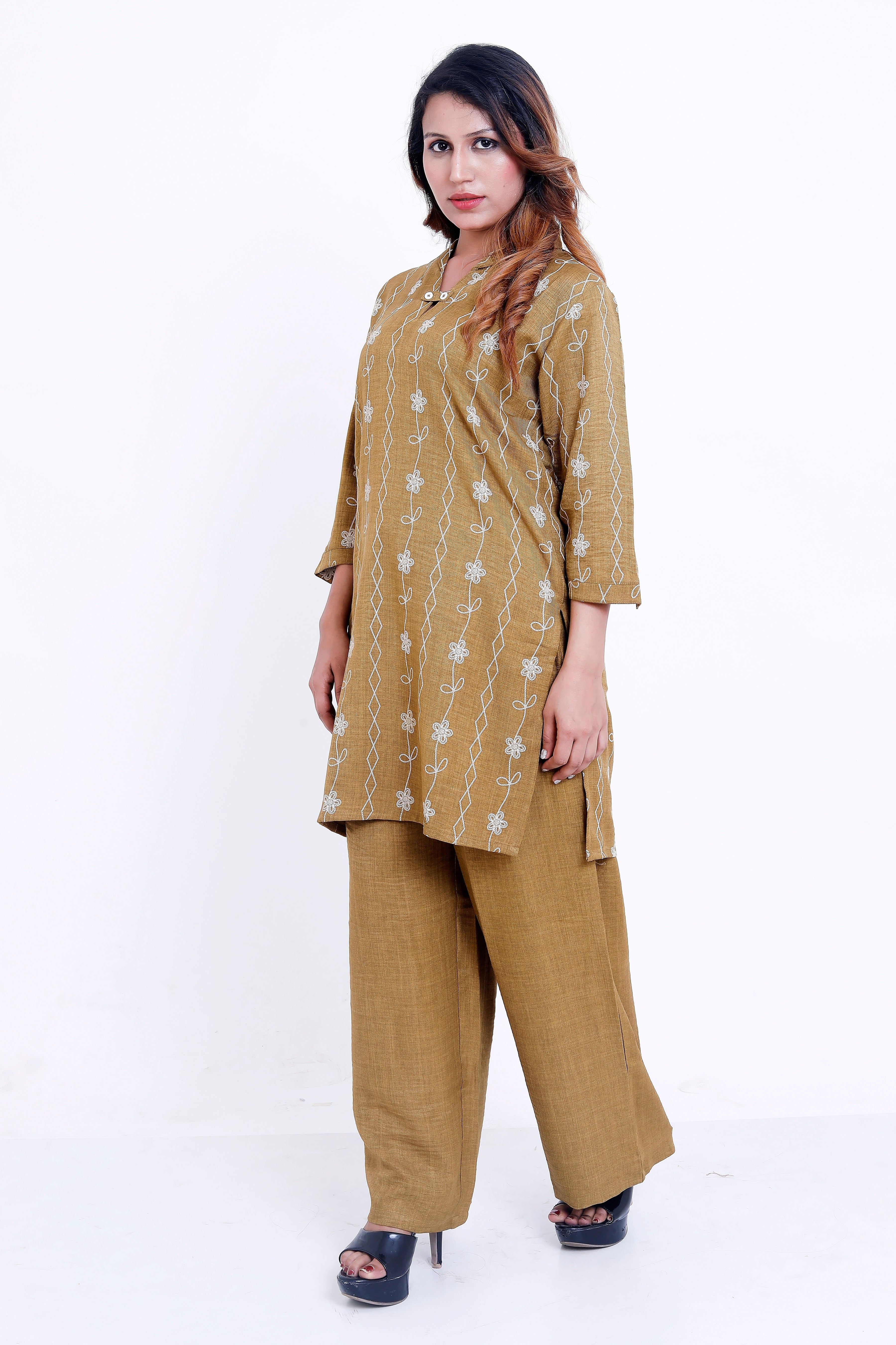Women Mustard Embroidered Kurti with Solid Palazzo Co-ord Set