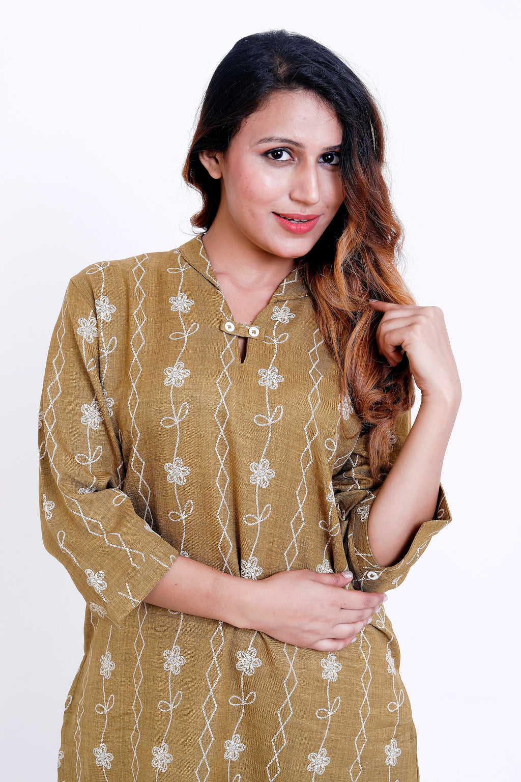 Women Mustard Embroidered Kurti with Solid Palazzo Co-ord Set