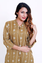Women Mustard Embroidered Kurti with Solid Palazzo Co-ord Set