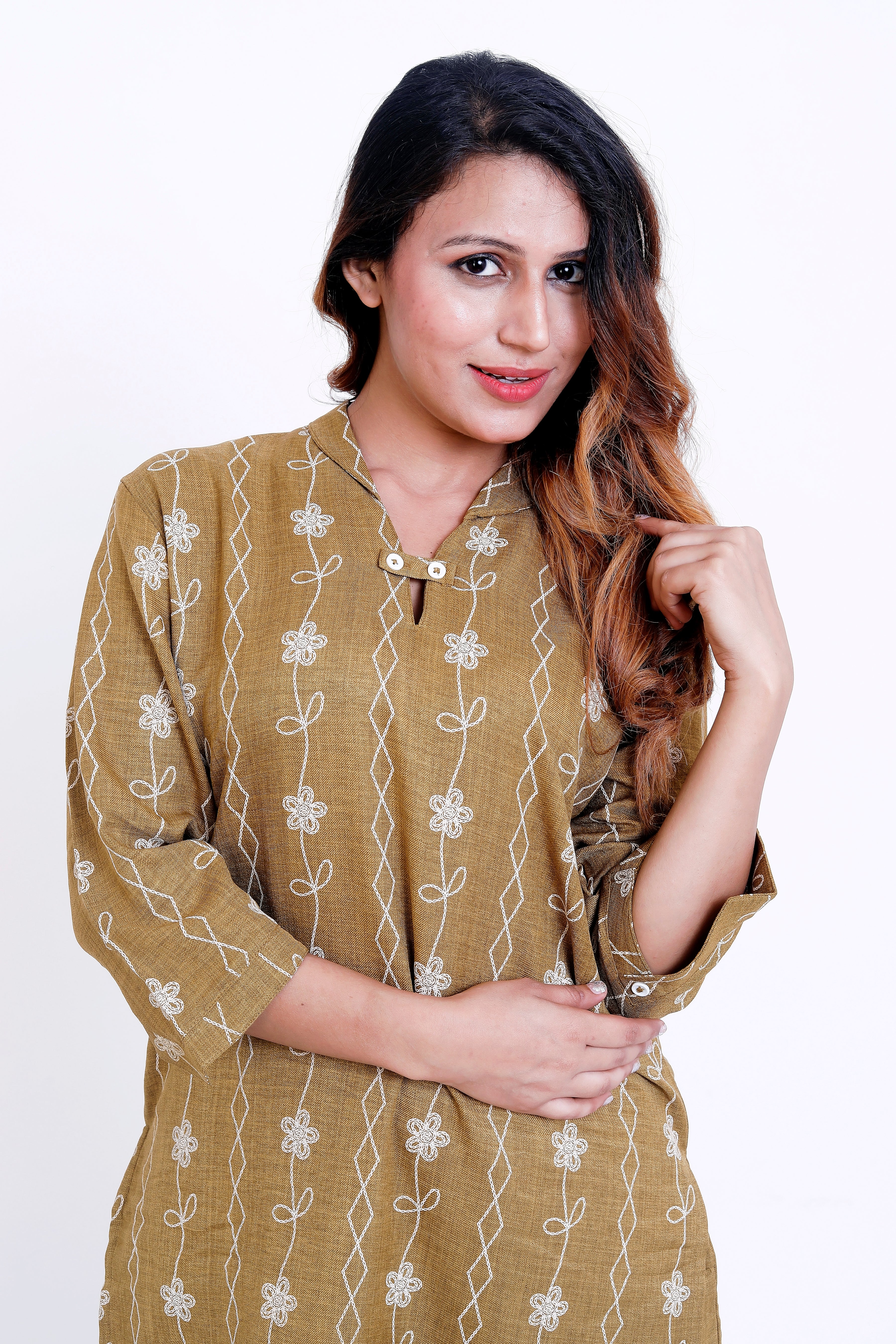 Women Mustard Embroidered Kurti with Solid Palazzo Co-ord Set