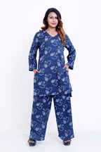 Women Navy Blue Floral Printed Kurti with Palazzo Co-ord Set