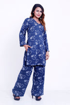 Women Navy Blue Floral Printed Kurti with Palazzo Co-ord Set