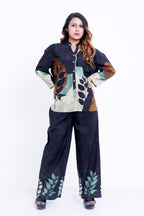 Women Black Leaf Print Shirt with Palazzo Co-ord Set