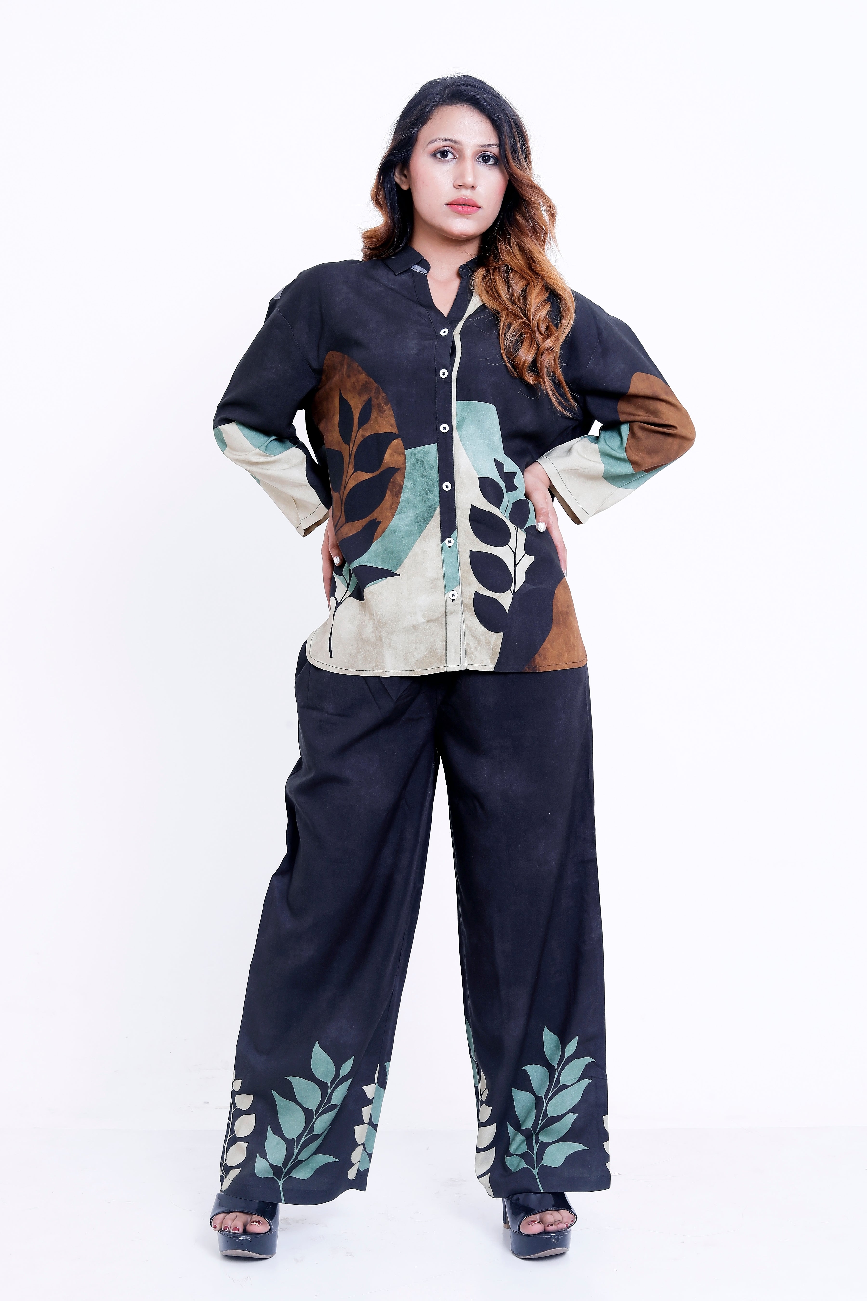 Women Black Leaf Print Shirt with Palazzo Co-ord Set