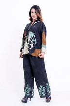 Women Black Leaf Print Shirt with Palazzo Co-ord Set