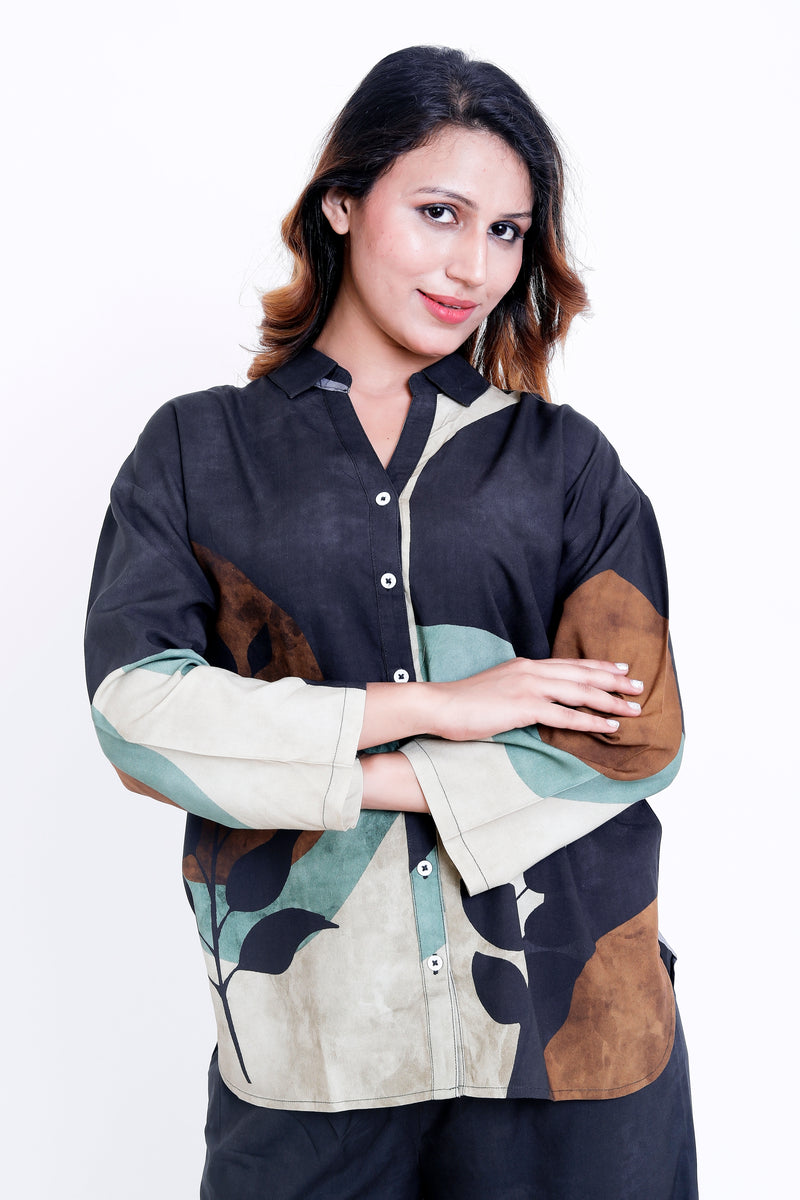 Women Black Leaf Print Shirt with Palazzo Co-ord Set