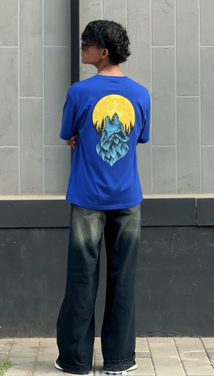 Men's Dark Blue 'Howling Wolf & Full Moon' Graphic Back Print T-Shirt