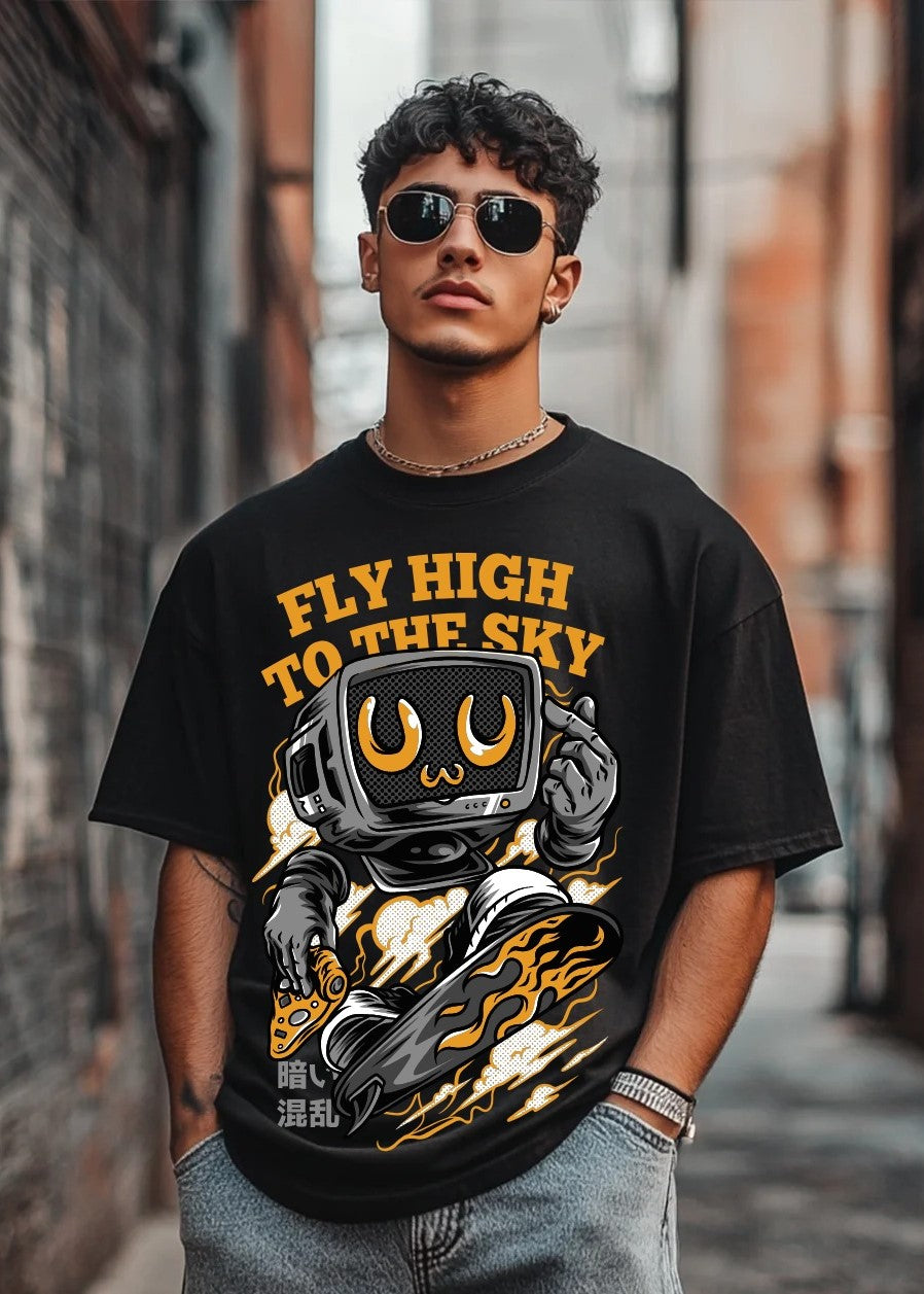 Men's Black 'Fly High to the Sky' Graphic Oversized T-Shirt