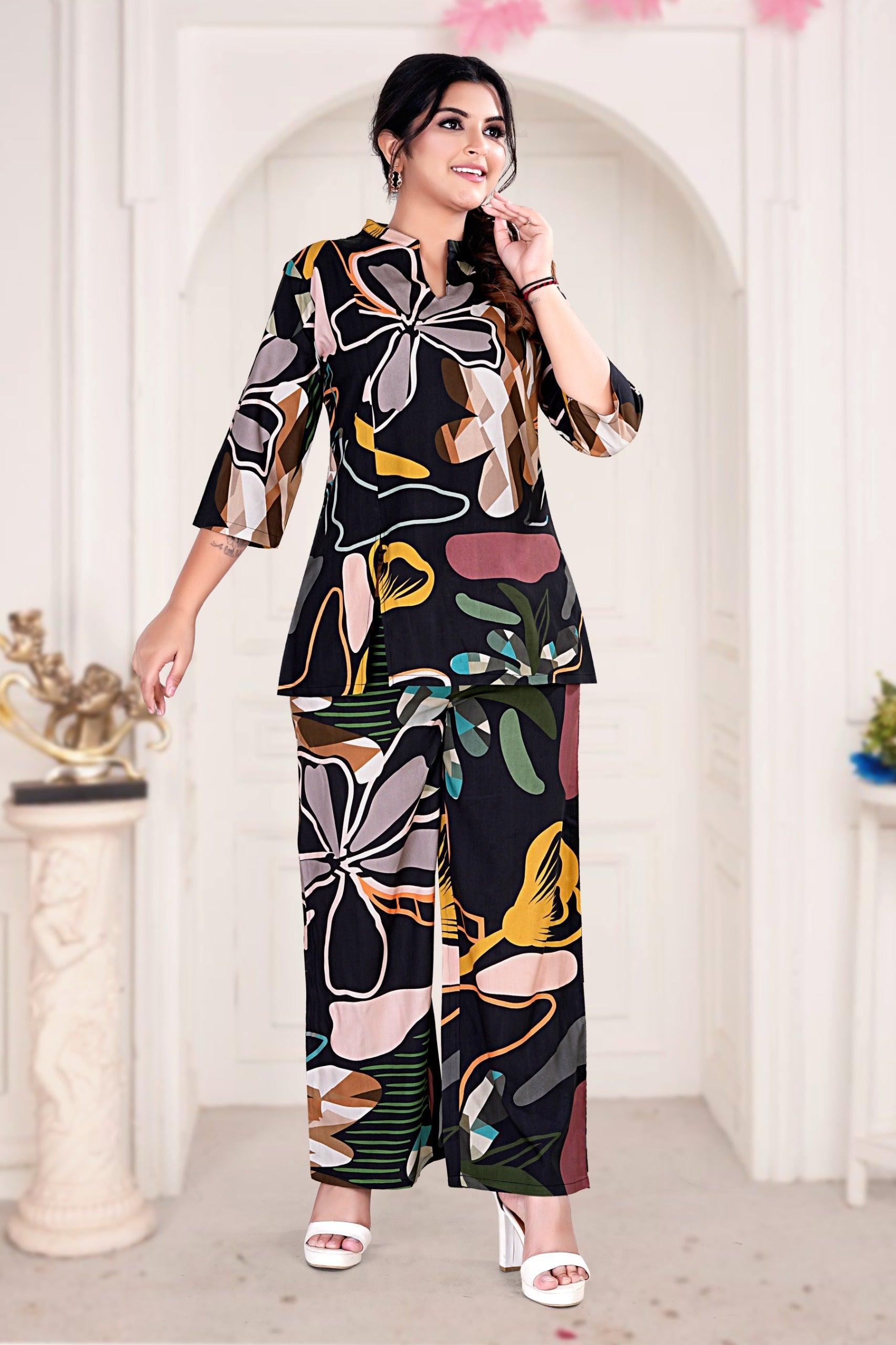 Black Abstract Floral Printed Kurta & Palazzo Co-ord Set for Women