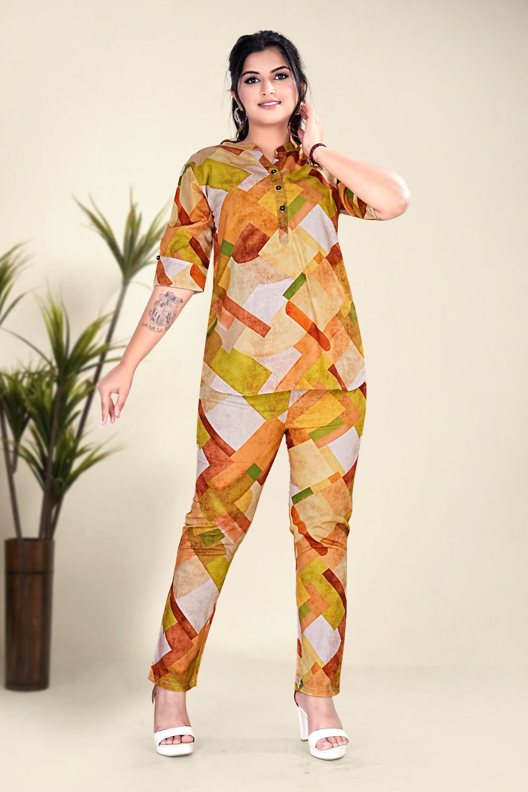 Mustard Abstract Print Top & Pant Co-ord Set