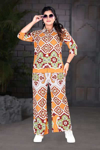 Orange Floral Print Shirt & Palazzo Co-ord Set