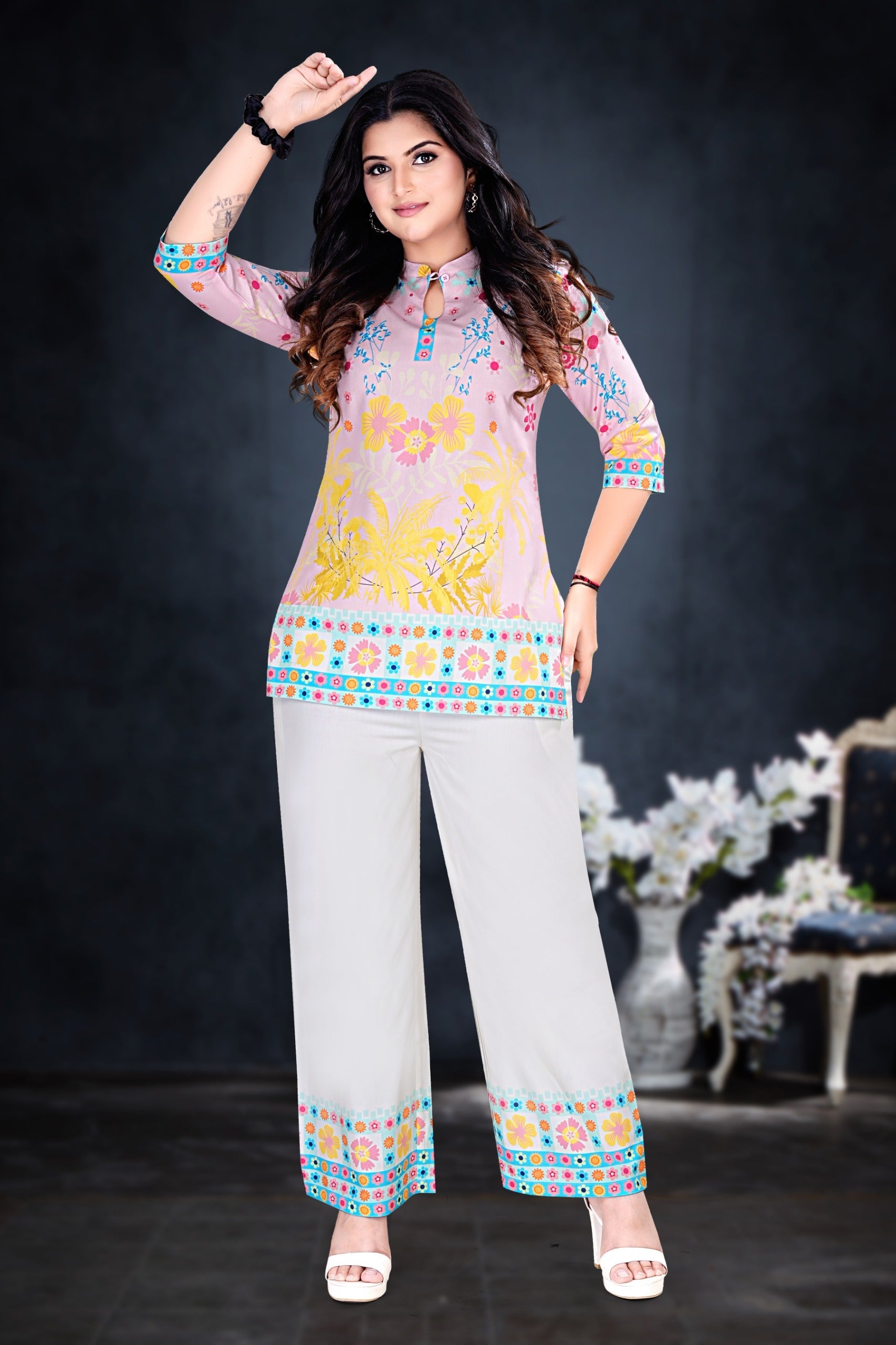 Pink Floral Print Kurta & Palazzo Co-ord Set